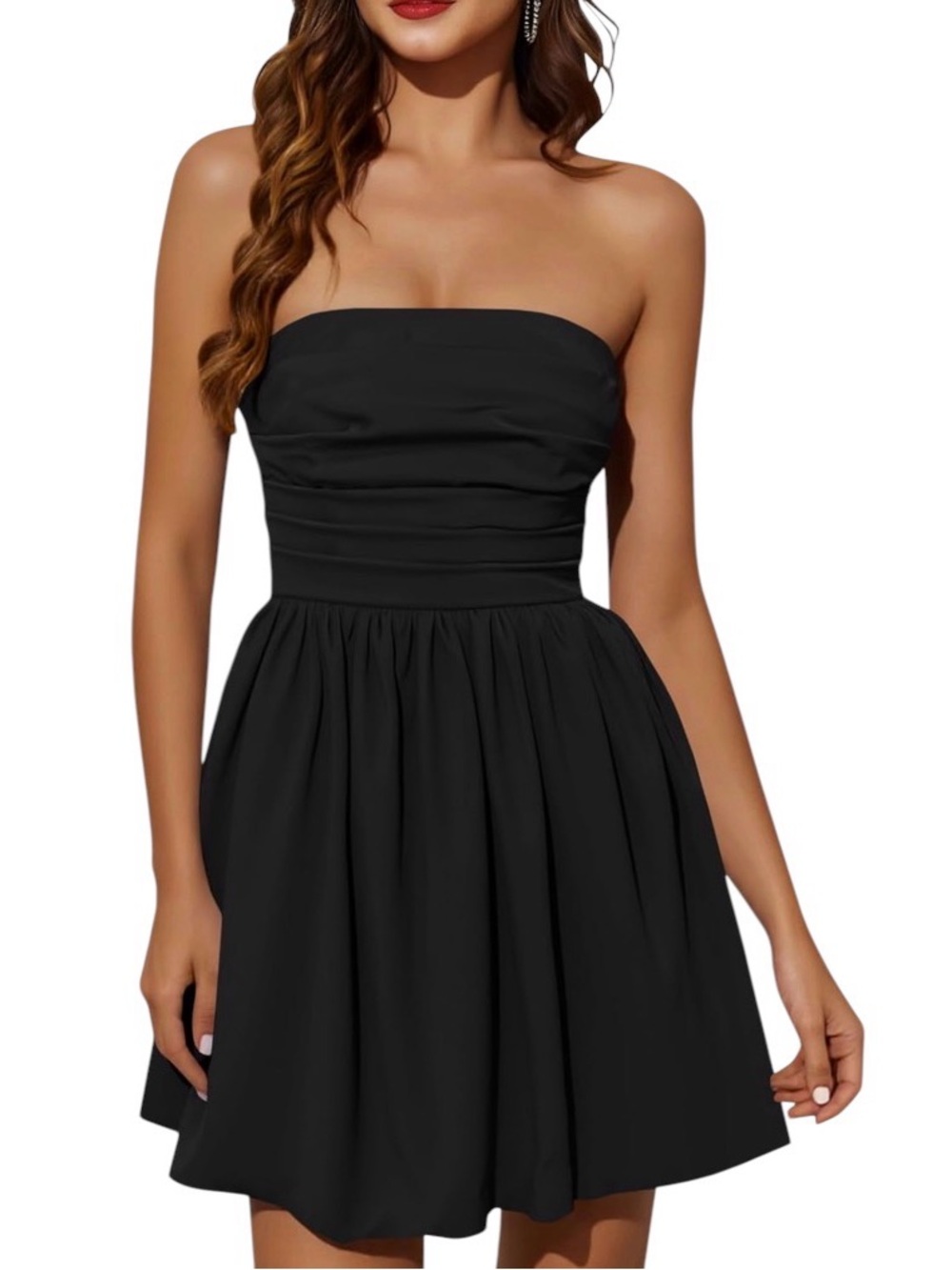 Wenrine Strapless Mini Smocked Black Gathered Waist A Lined Bubble Dress (NEW)